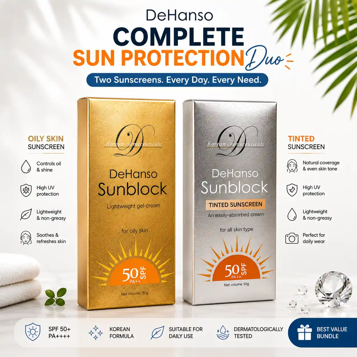 DeHanso Complete Sun Protection Duo featuring SPF50 Oily Skin and Tinted Korean face sunscreens
