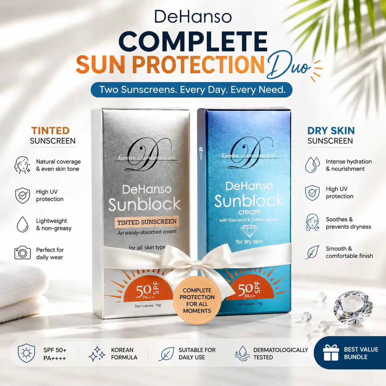 DeHanso Complete Sun Defense Bundle | Tinted + Dry Skin Sunscreen SPF50 PA++