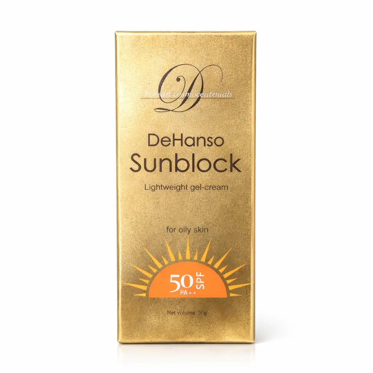 DeHanso Sunblock lightweight gel-cream SPF 50 PA++ for oily skin gold box packaging on white background