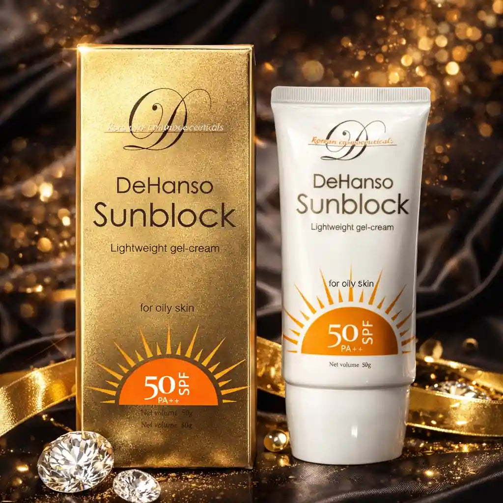 DeHanso Sunblock SPF 50 PA++ lightweight gel cream sunscreen luxury product with box and tube.