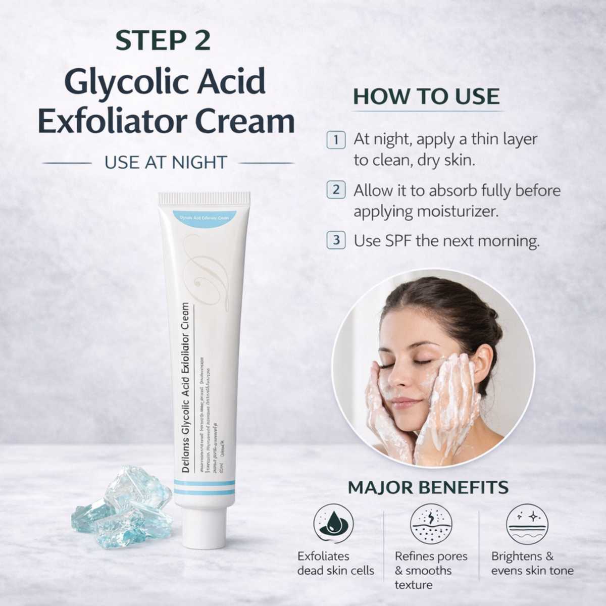 DeHanso Glycolic Acid Exfoliator Cream step 2 night exfoliation removing dead skin cells refining pores and improving skin texture and tone