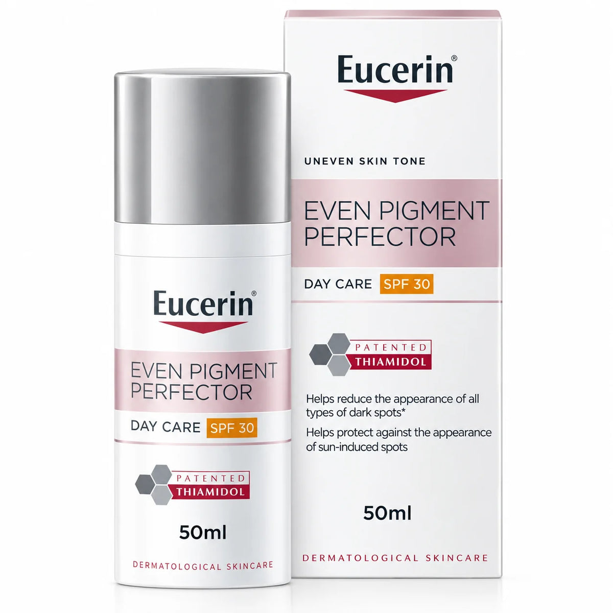 Eucerin Even Pigment Perfector Day SPF 30 50ml with patented Thiamidol, moisturizing face cream for dark spots, uneven skin tone and daily sun protection.