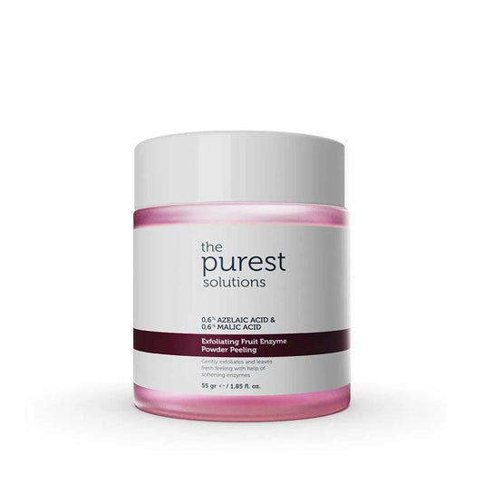 A container of The Purest Solutions Exfoliating Fruit Enzyme Powder Peeling with a pink and white label, 55 grams in size.
