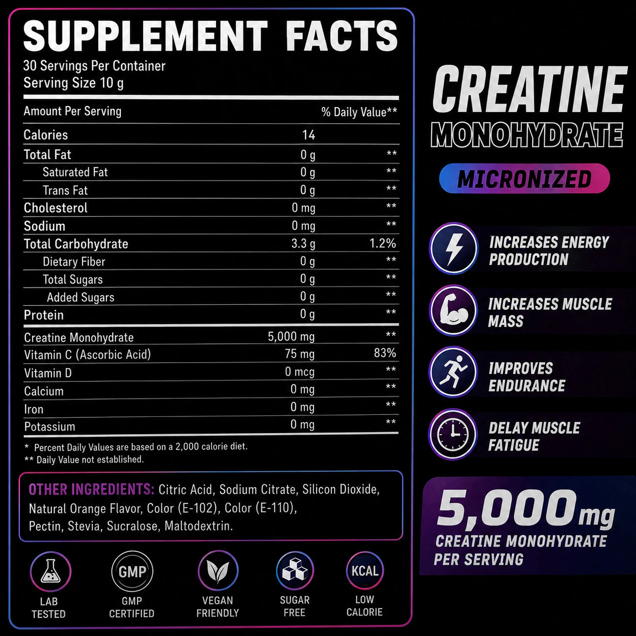 Fit Fusion Creatine Monohydrate Supplement Facts 5000 mg Creatine 30 Servings