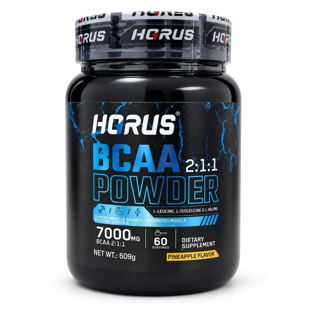 A black plastic jar of HORUS BCAA Powder dietary supplement, pineapple flavor, with a black and blue label and a black lid featuring the HORUS brand name.