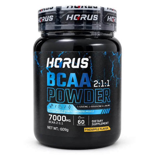 A black plastic jar of HORUS BCAA Powder dietary supplement, pineapple flavor, with a black and blue label and a black lid featuring the HORUS brand name.