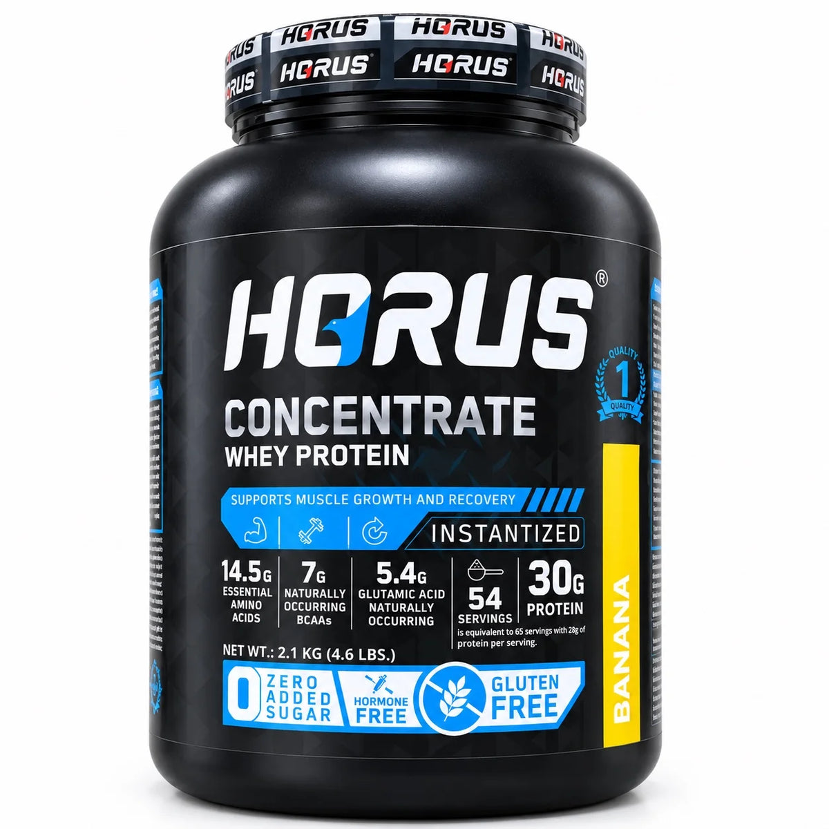 A black tub of HORUS Concentrate Whey Protein in Banana flavor, featuring a black lid with the HORUS logo, on a clean white background.