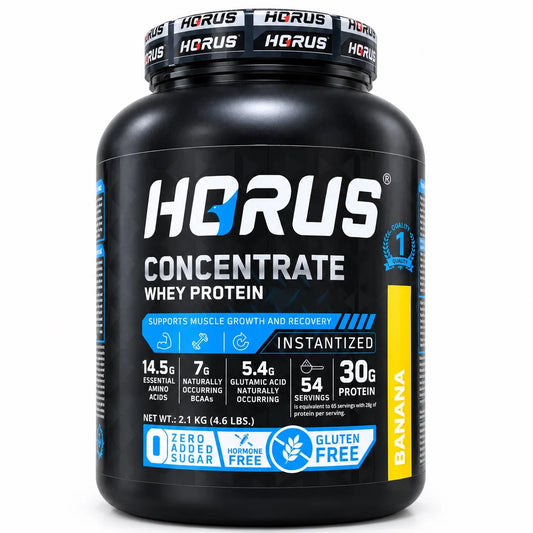A black tub of HORUS Concentrate Whey Protein in Banana flavor, featuring a black lid with the HORUS logo, on a clean white background.