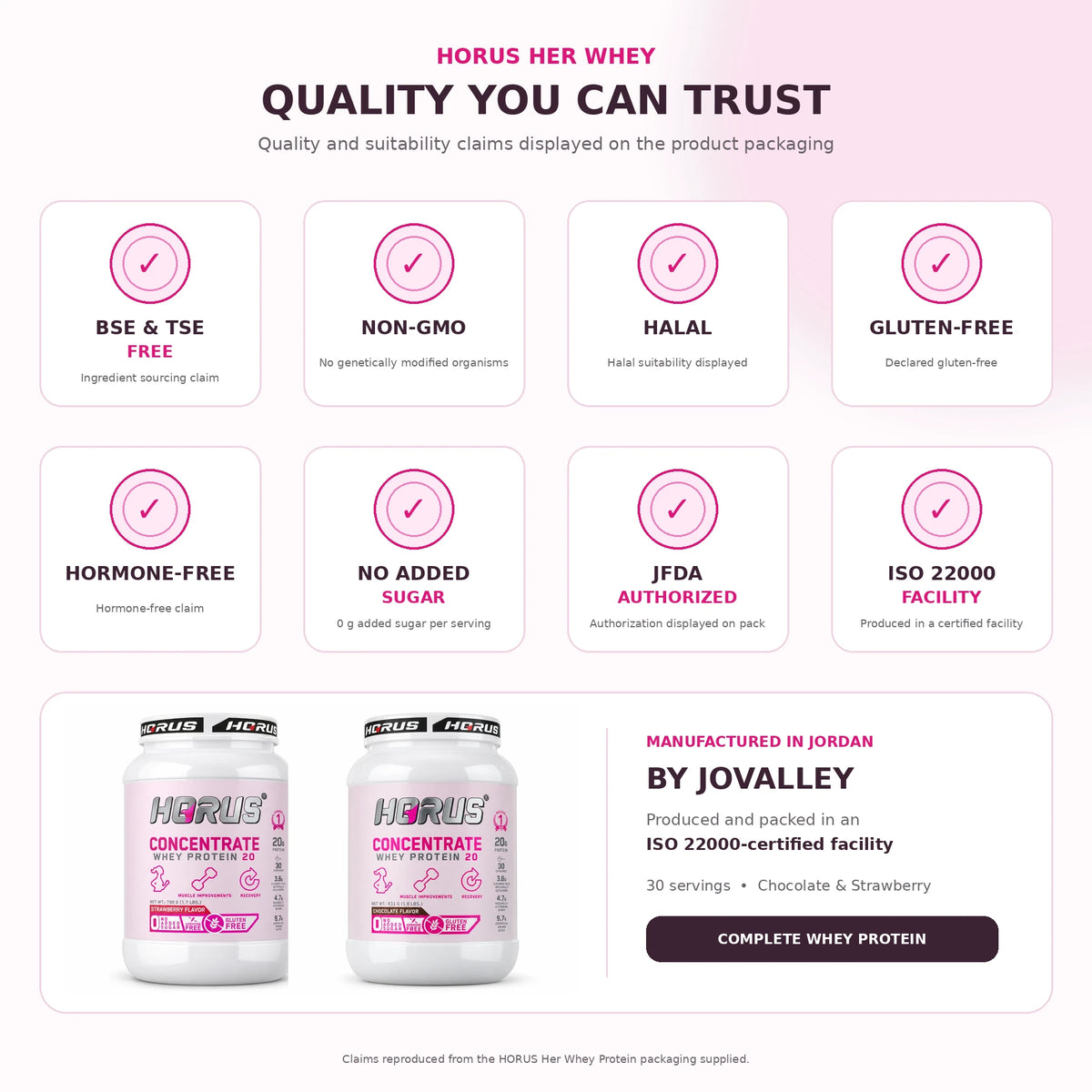 HORUS Her Whey Protein quality claims including halal, non-GMO, gluten-free, hormone-free, BSE and TSE free, and ISO 22000 manufacturing.