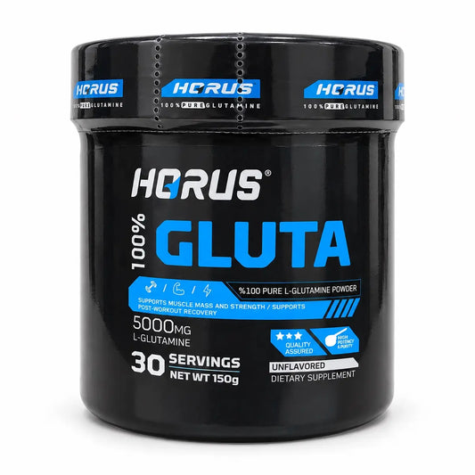 A black plastic tub of HORUS 100% Gluta dietary supplement powder, 150g, on a white background.