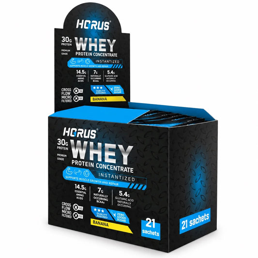HORUS Whey Protein Concentrate Banana flavor box with 21 single-serving sachets
