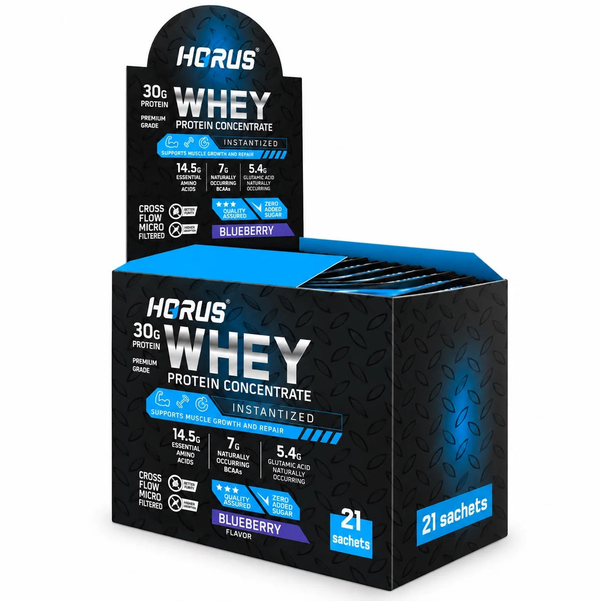 HORUS Whey Protein Concentrate Blueberry flavor box with 21 single-serving sachets