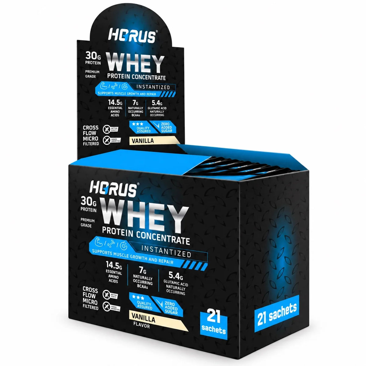 HORUS Whey Protein Concentrate Vanilla flavor box with 21 single-serving sachets