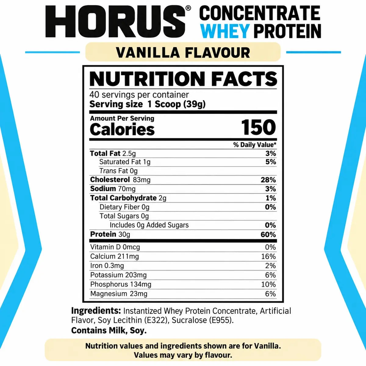 HORUS Whey Protein Concentrate vanilla nutrition facts with 30g protein and 150 calories