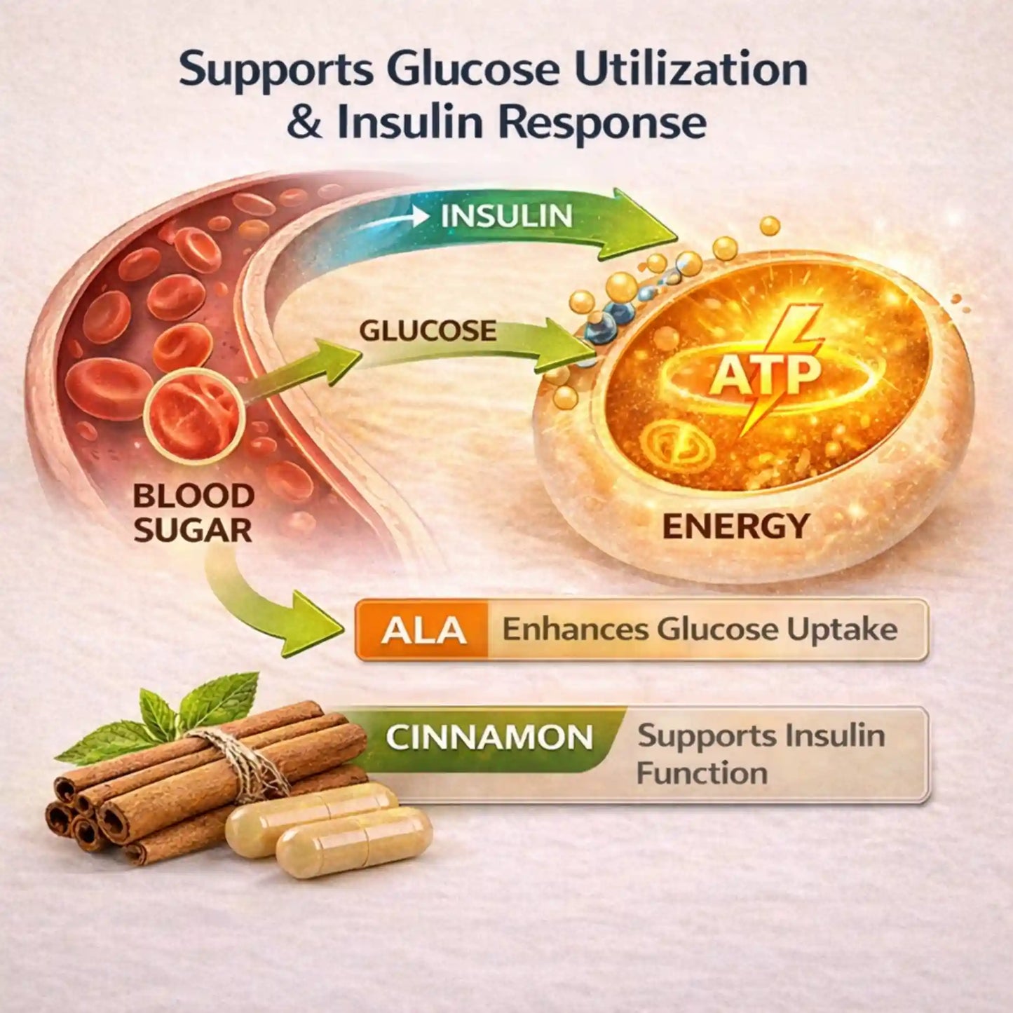 How Alpha Lipoic Acid and Cinnamon support glucose utilization and insulin response for healthy blood sugar and energy production