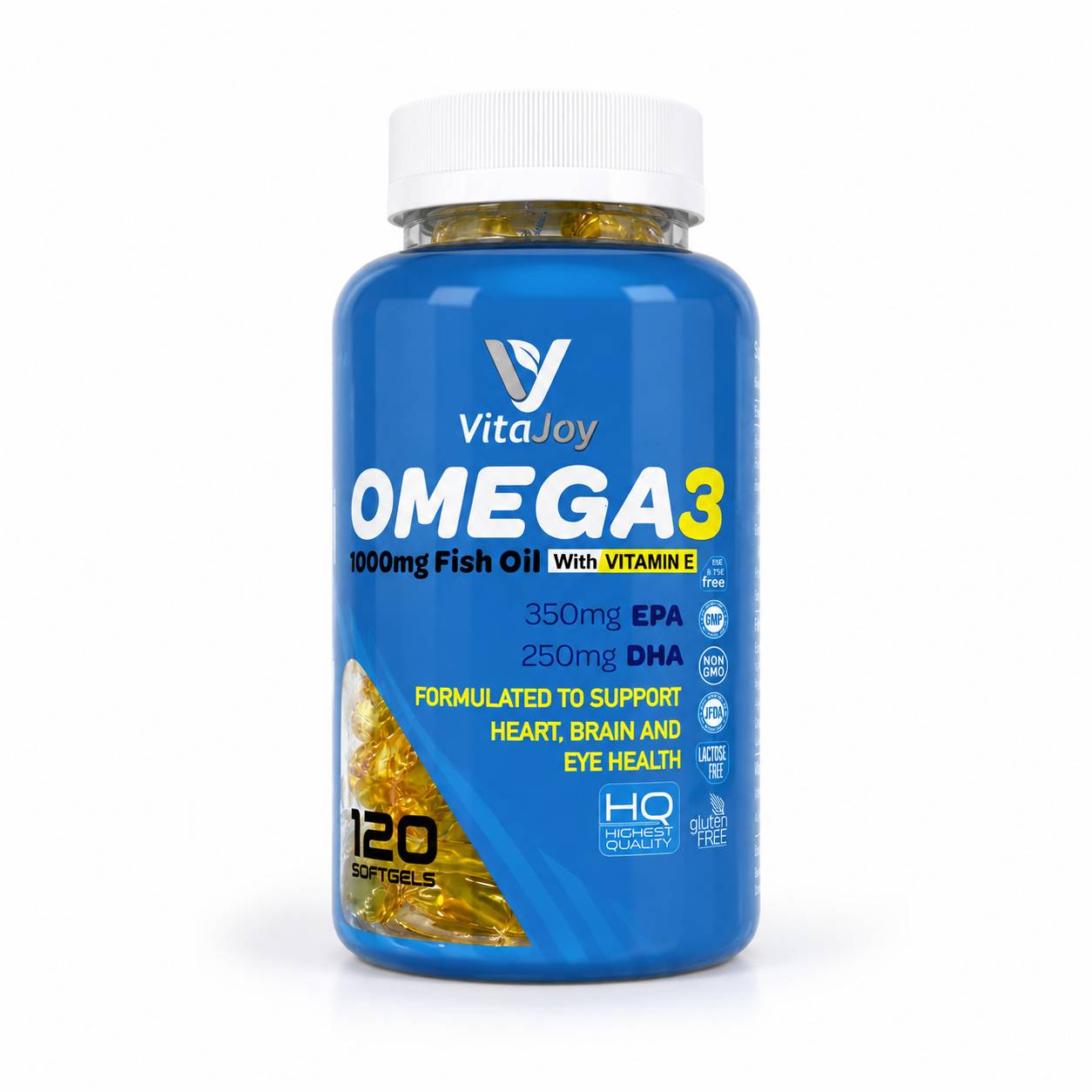 VitaJoy Omega 3 Fish Oil 1000mg with Vitamin E 120 softgels high EPA DHA supplement for heart brain and eye health