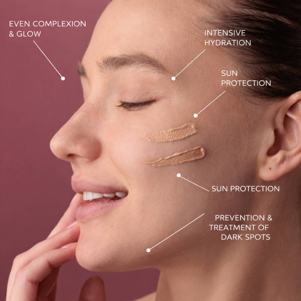 Even complexion CC cream applied on woman’s face with visible benefits including hydration, sun protection, and dark spot correction on smooth glowing skin