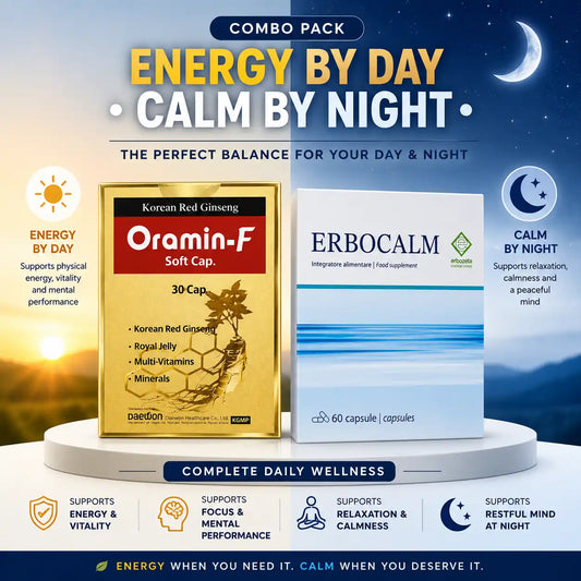 Morning energy and evening relaxation wellness routine with Oramin-F and ERBOCALM