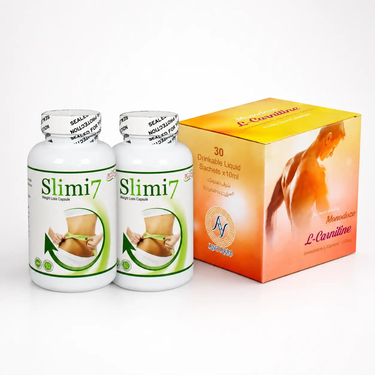 Slimi7 Plus and Monodose L-Carnitine 1000 mg 30-day weight management bundle with two capsule jars and 30 liquid sachets.