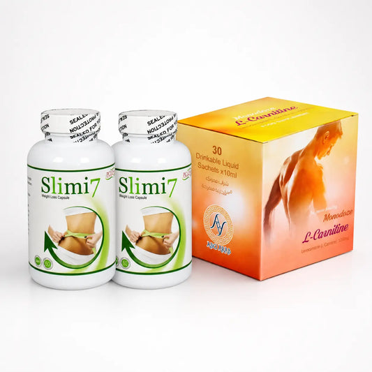 Slimi7 Plus and Monodose L-Carnitine 1000 mg 30-day weight management bundle with two capsule jars and 30 liquid sachets.