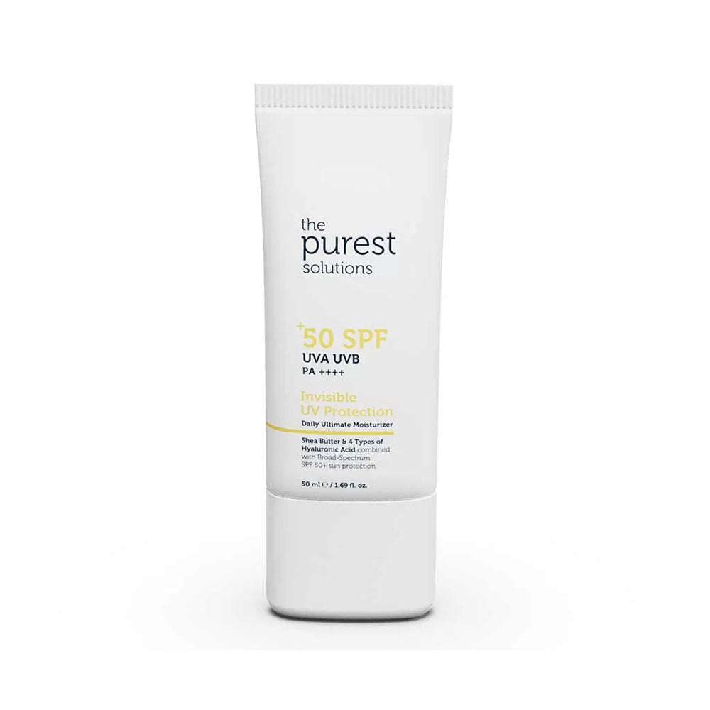 A tube of 'The Purest Solutions Invisible UV Protection Daily Intensive Moisturizer Sunscreen Spf 50+' with a white and yellow label.