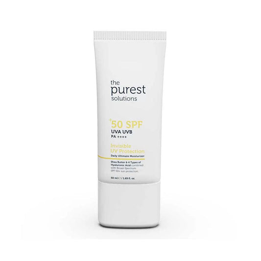 A tube of 'The Purest Solutions Invisible UV Protection Daily Intensive Moisturizer Sunscreen Spf 50+' with a white and yellow label.