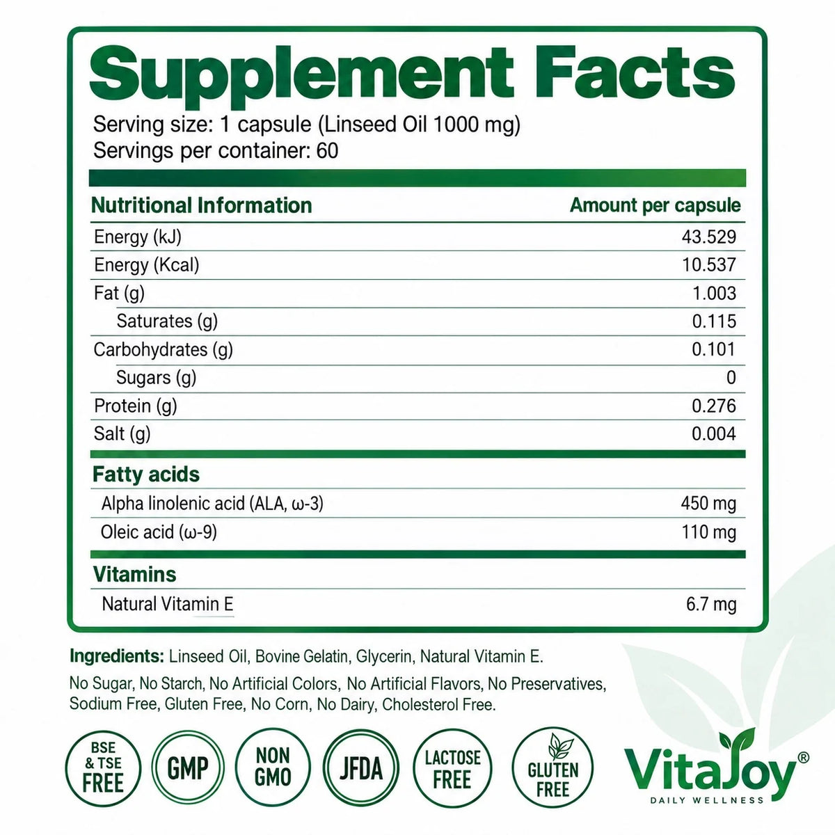 VitaJoy Linseed Oil 1000 mg supplement facts with 450 mg ALA omega-3, omega-9 and natural vitamin E 