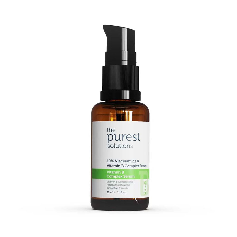 A bottle of The Purest Solutions Vitamin B Complex Serum with a dropper, indicating the product is designed for sensitive skin and aids in reducing redness.